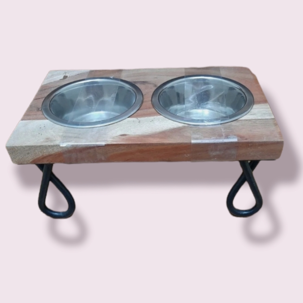 Double Bowl Feeder with Stand Wood Cast Iron Small Animal Dog Cat